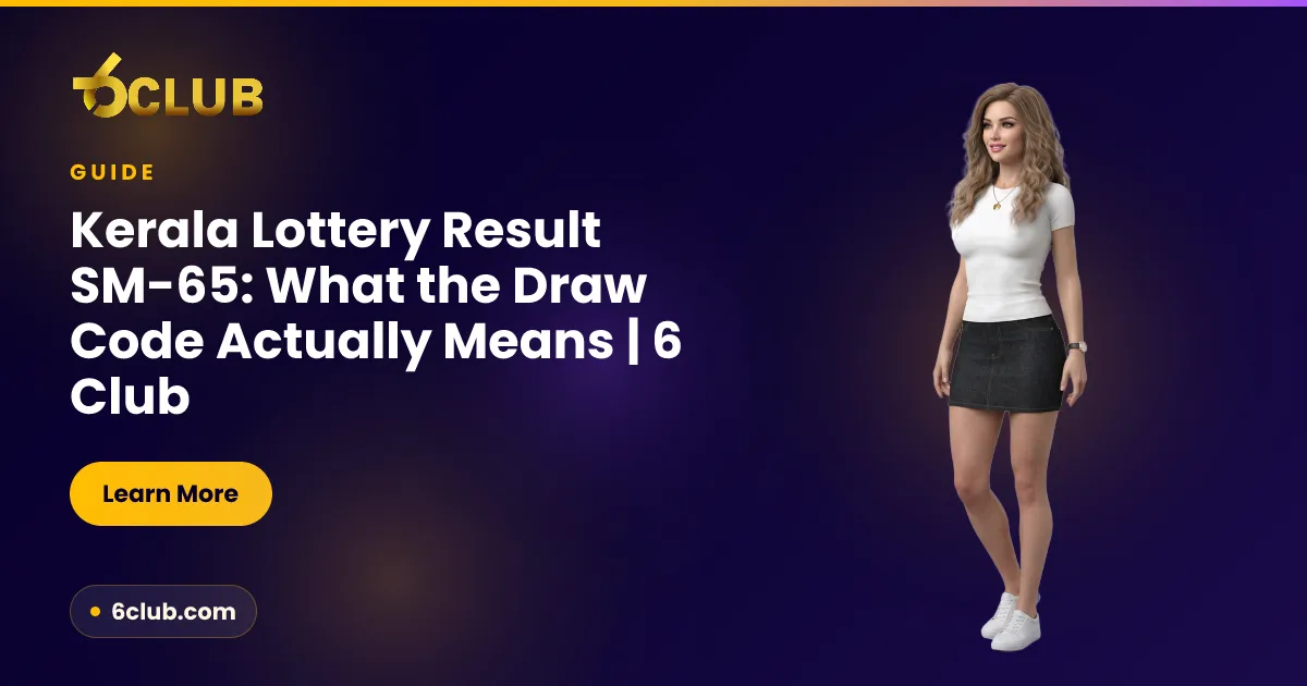 Illustrated 6 Club explainer showing how a Kerala lottery draw code such as SM-65 is constructed and checked