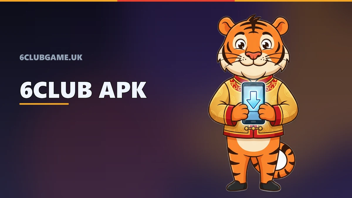 6Club APK download mascot holding an Android phone with a download arrow