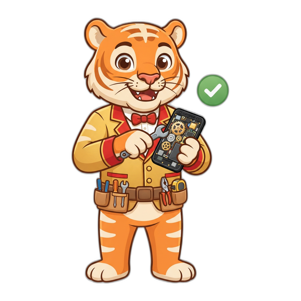 6Club mascot with a toolbox fixing an Android phone