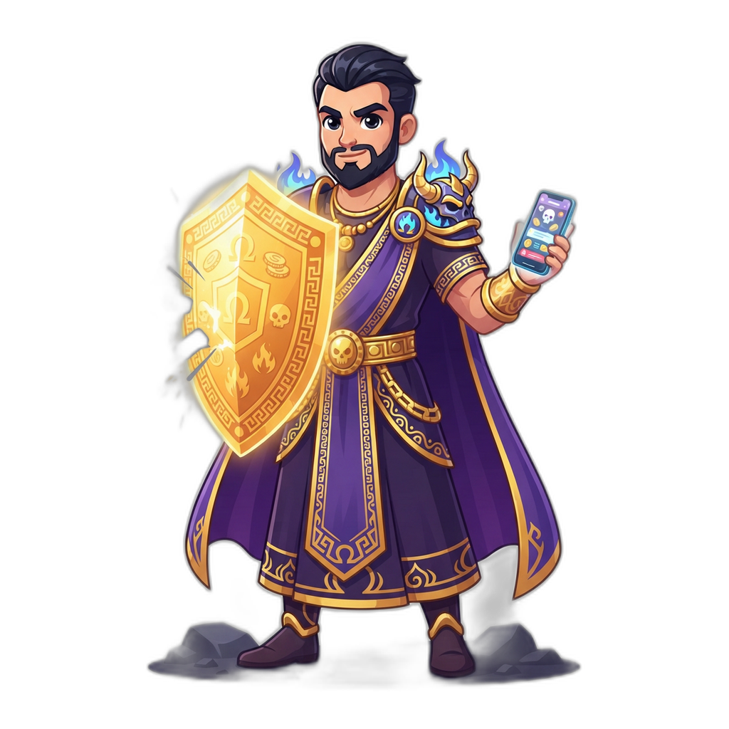 6Club mascot holding a shield over a mobile deposit transaction