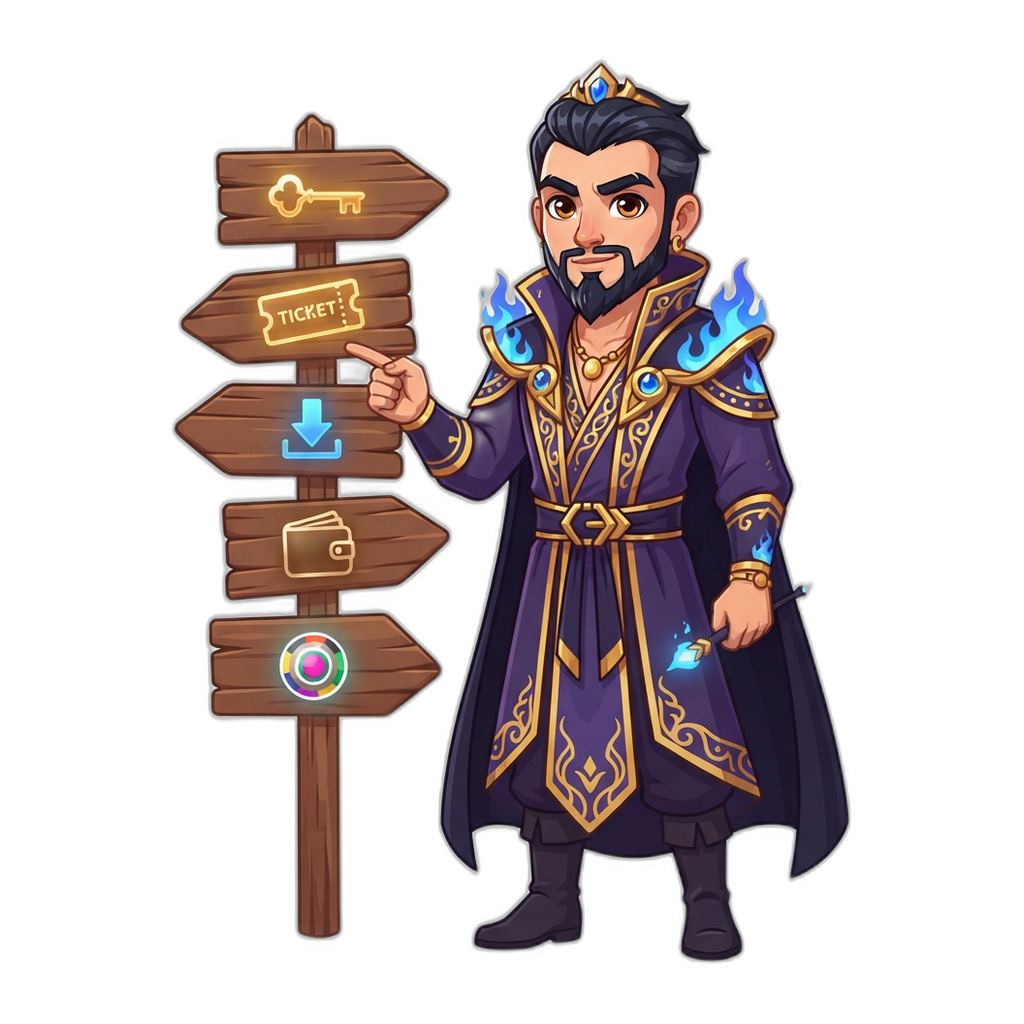 6Club mascot pointing at a signpost of help topics