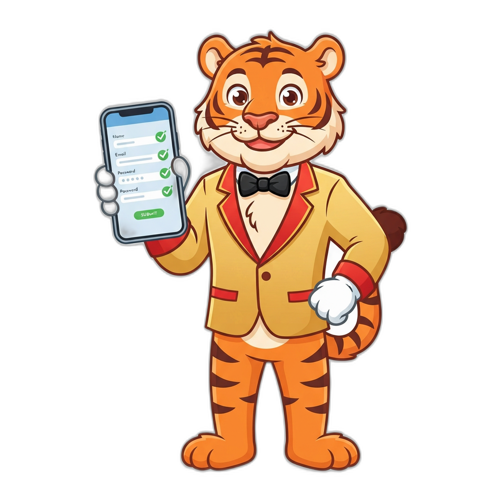 6Club register steps mascot showing a sign-up form on a phone