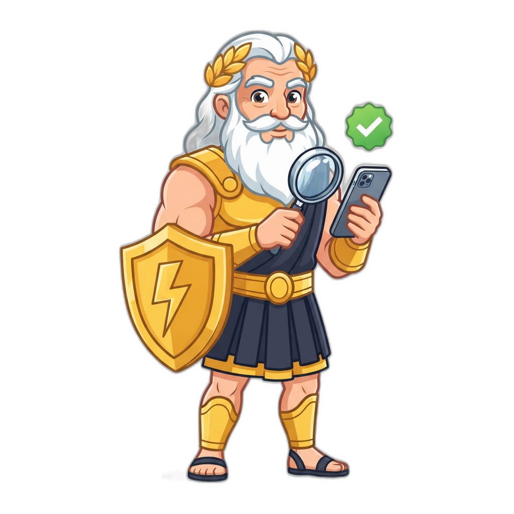 6Club Game safety mascot with shield and magnifying glass