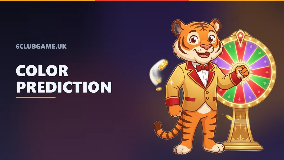 Color prediction game mascot spinning a red, green and violet wheel