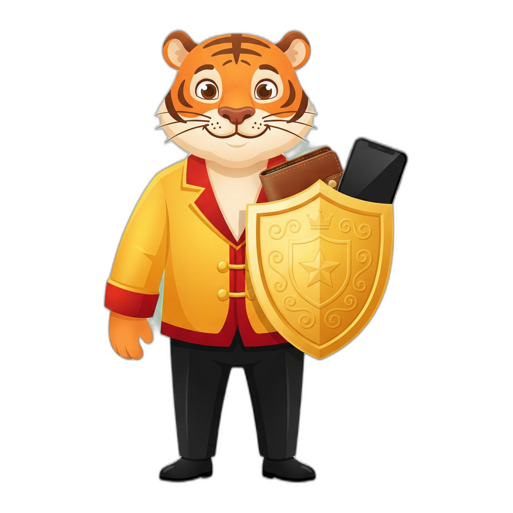 Color prediction game mascot guarding a wallet with a shield