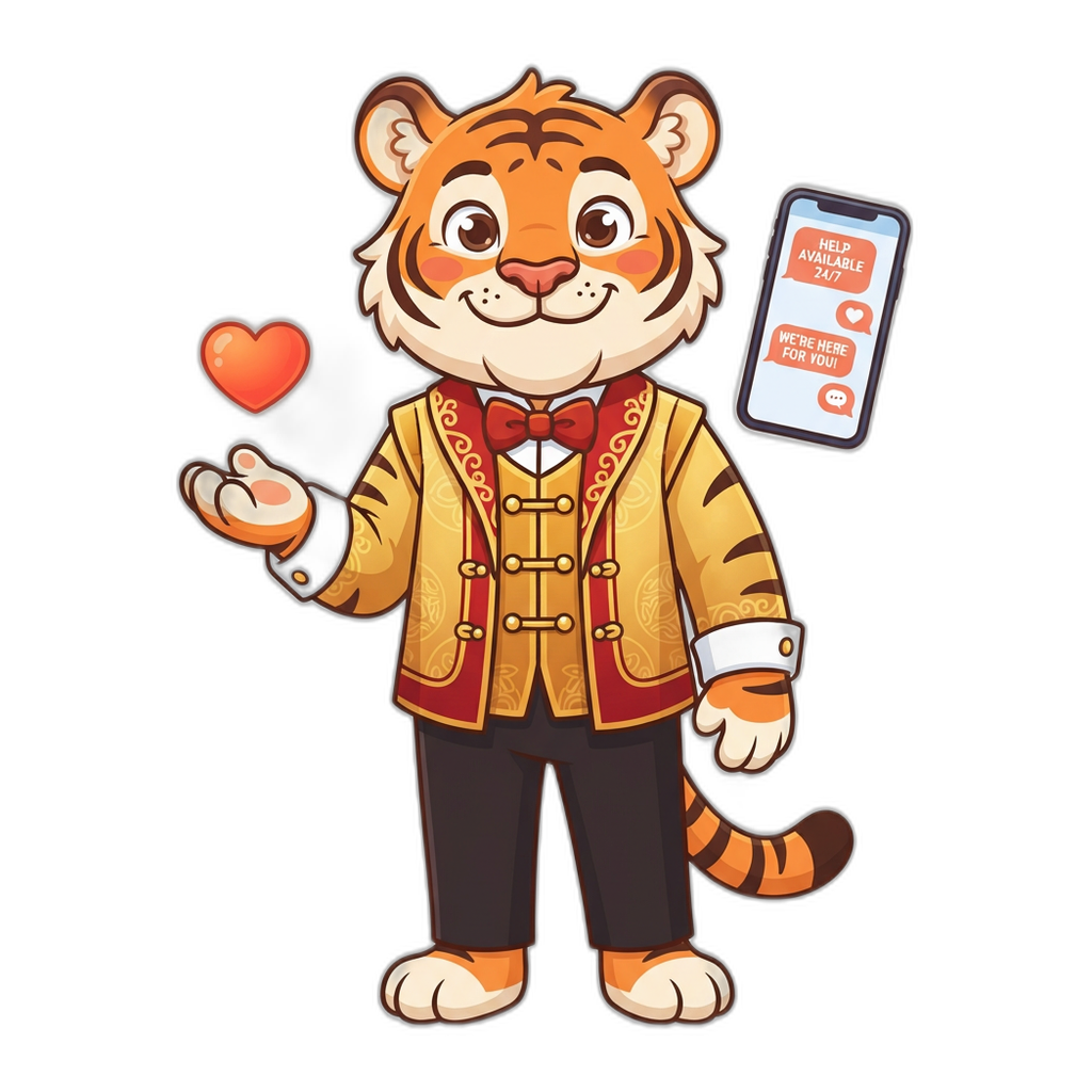 Friendly mascot offering a helping hand beside a glowing heart