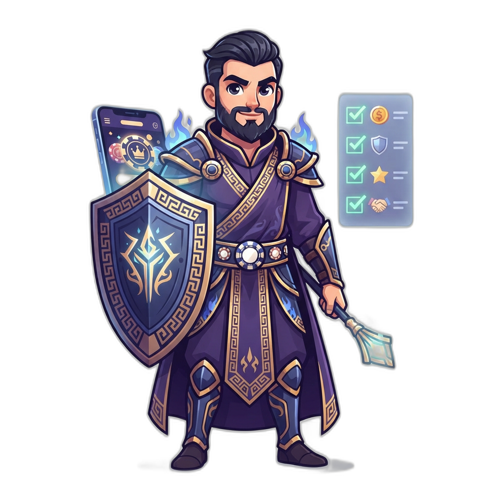 Casino mascot with a shield and safety checklist protecting a mobile phone