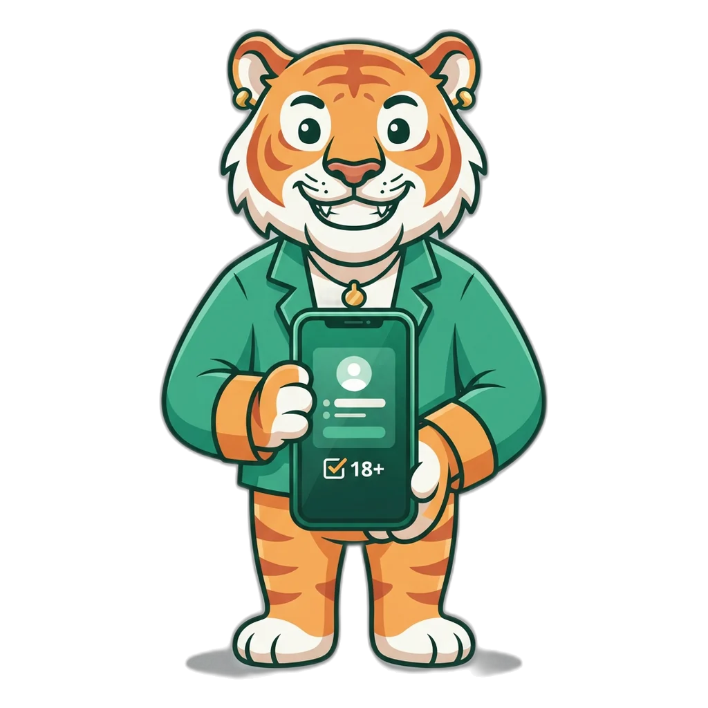 Tiger mascot in a jade jacket holding a phone with the free 6E Club sign-up card