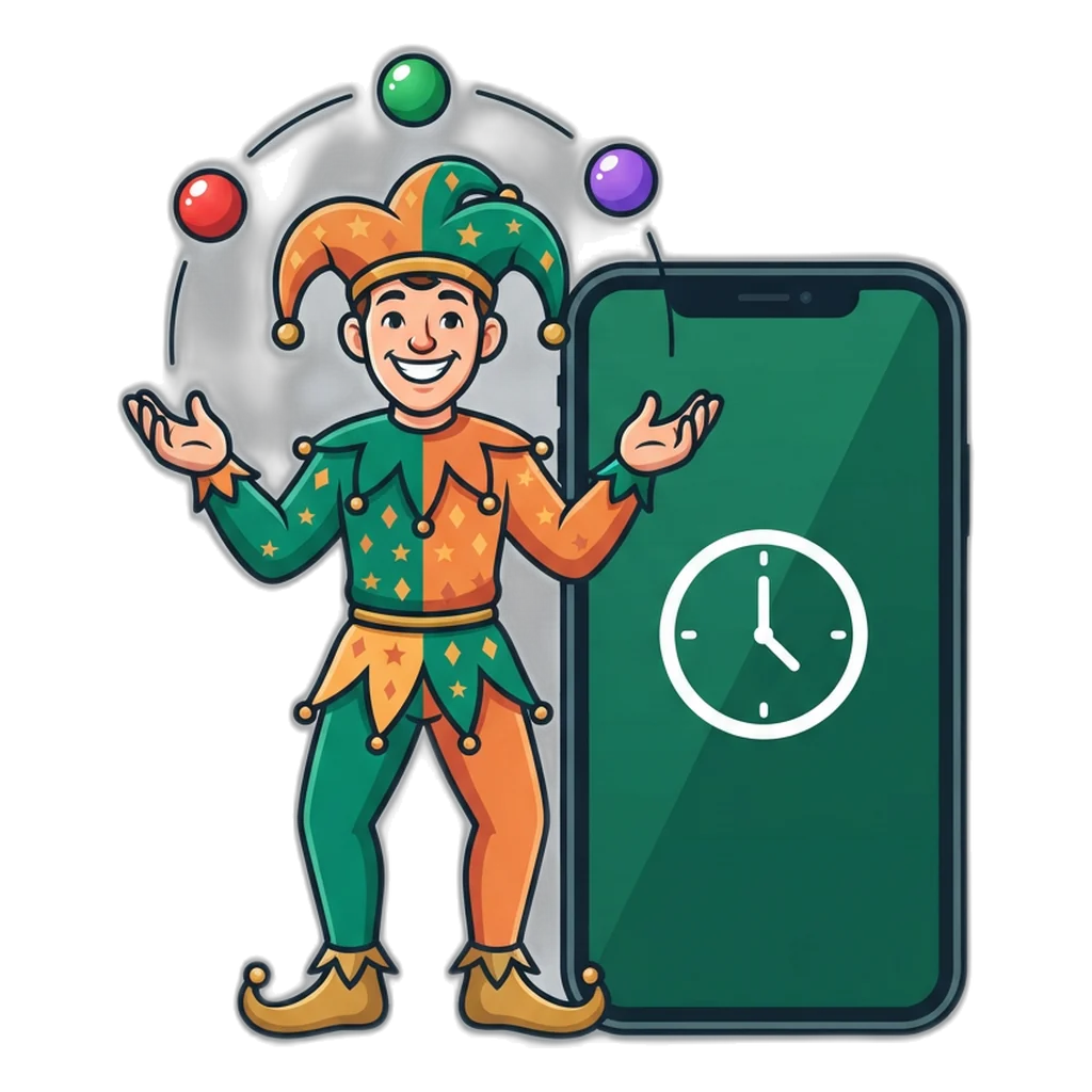 Jester mascot juggling red, green and violet balls next to a 6E Club session timer