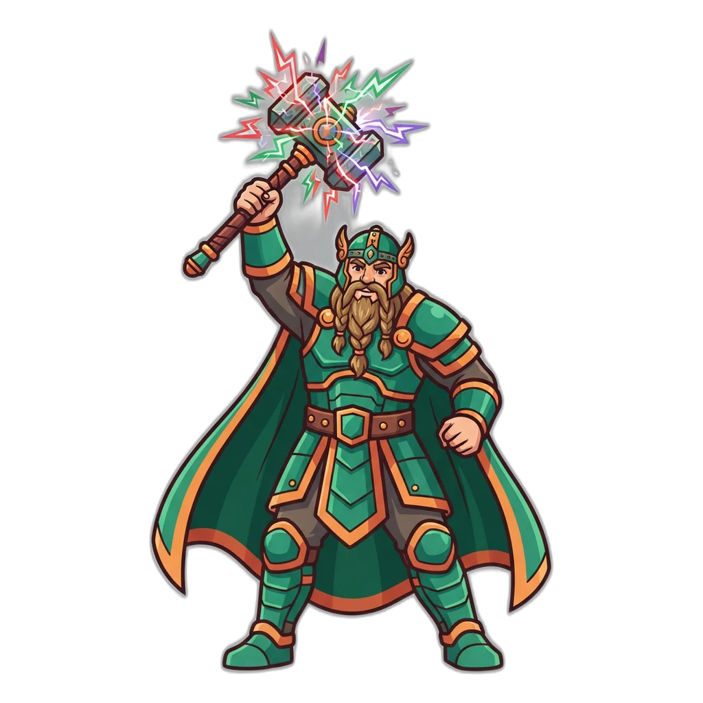 Storm-hammer warrior mascot raising red, green and violet sparks for 6E Club Wingo