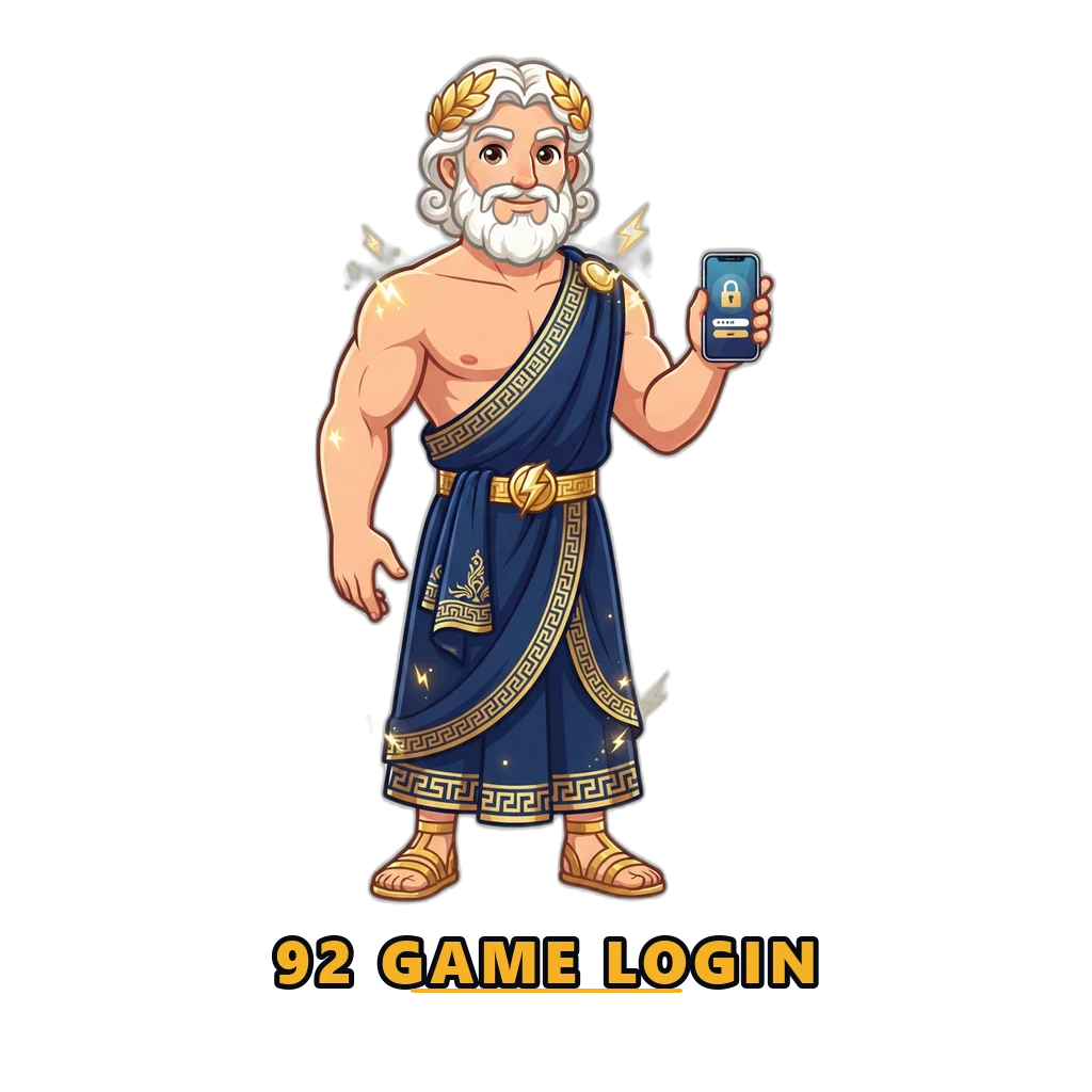 Zeus mascot showing a secure 92 Game Login screen on a phone
