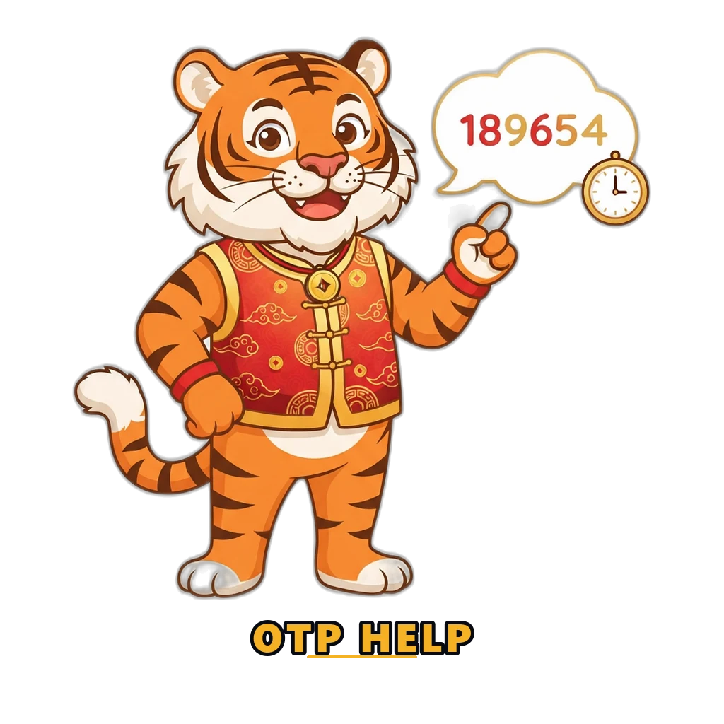 Fortune Tiger mascot explaining why an SMS one-time code is delayed