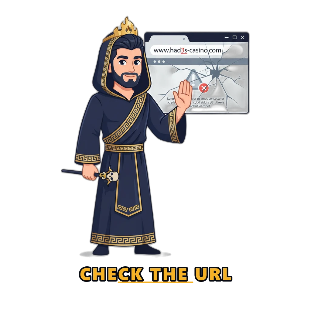 Hades mascot warning about a fake login page on a misspelled web address