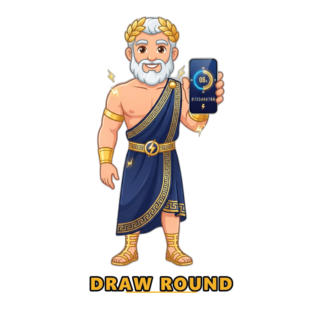 Zeus mascot holding a phone as a 92 Game Lottery draw round counts down to its result