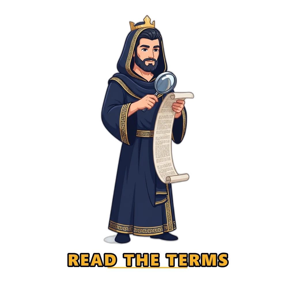 Hades mascot inspecting the fine print of VIP loyalty terms