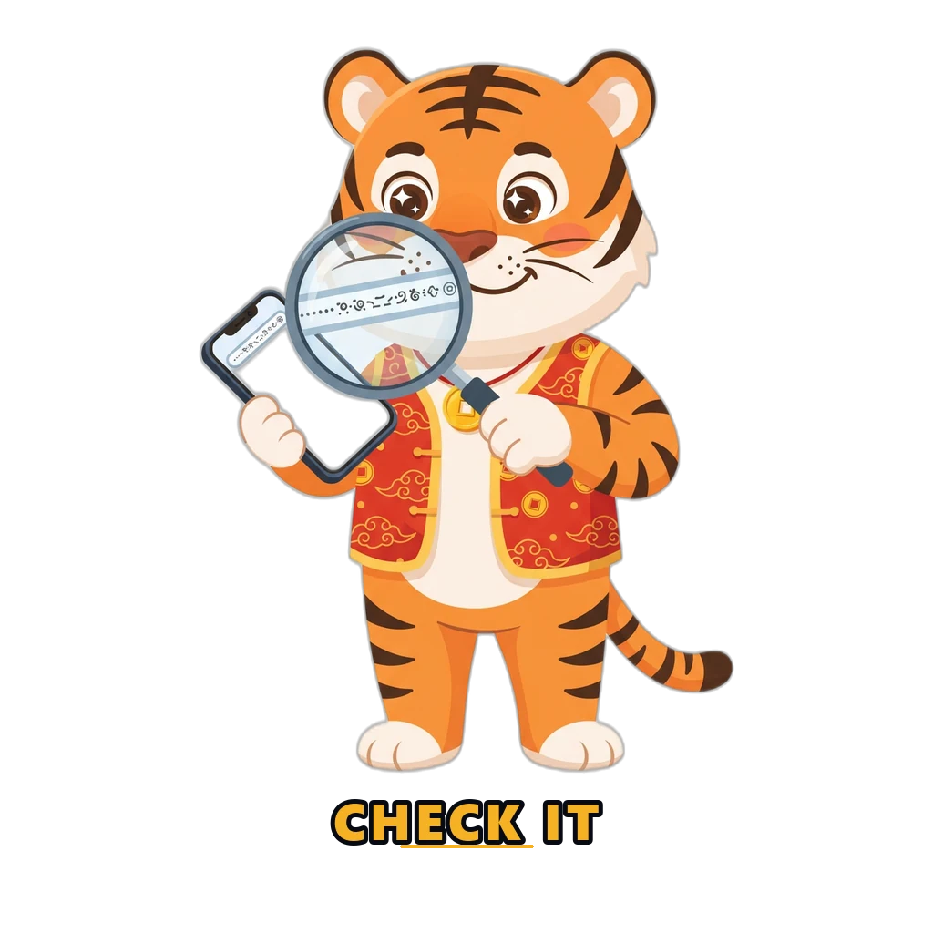 Fortune Tiger mascot checking a website address character by character on a phone
