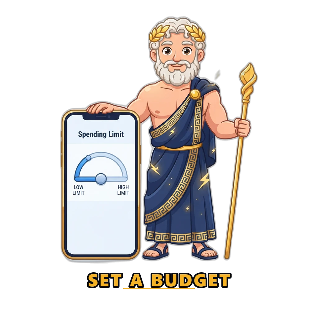 Zeus mascot beside a phone where a responsible gaming spending limit has been set in rupees