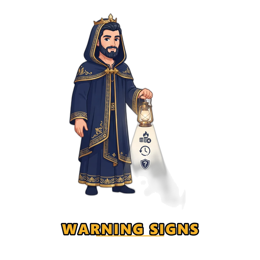 Hades mascot holding a lantern to signal gambling warning signs