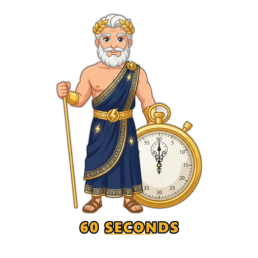 Zeus mascot showing a 60-second Wingo round countdown on a phone