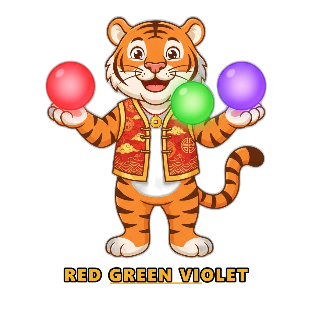 Fortune Tiger mascot holding the red, green and violet Wingo colour prediction orbs