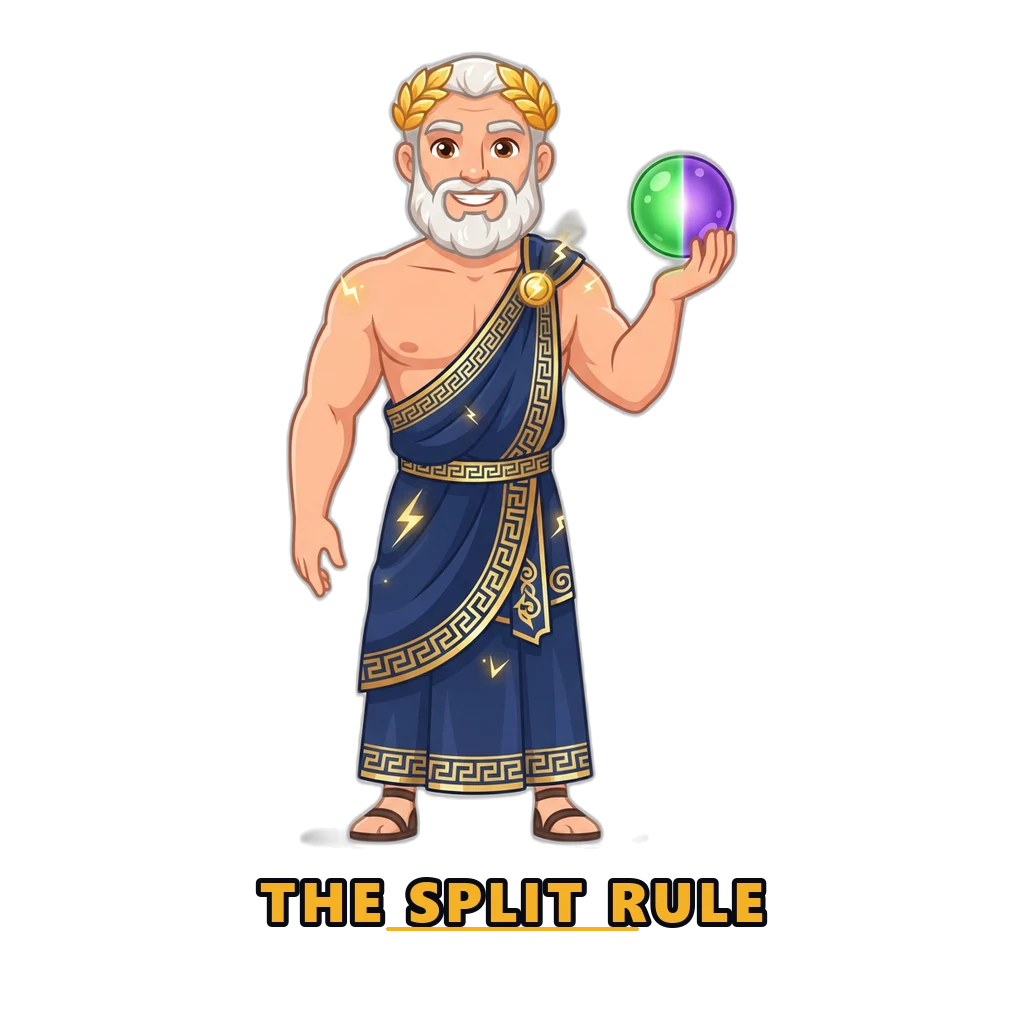 Zeus mascot explaining the Wingo violet split rule on the number 5