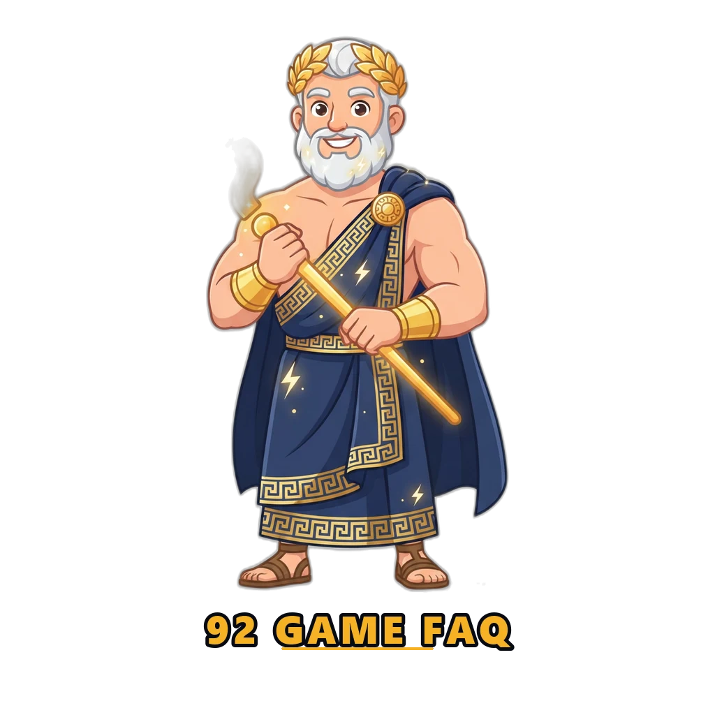 Mascot with a question mark introducing the 92 Game FAQ