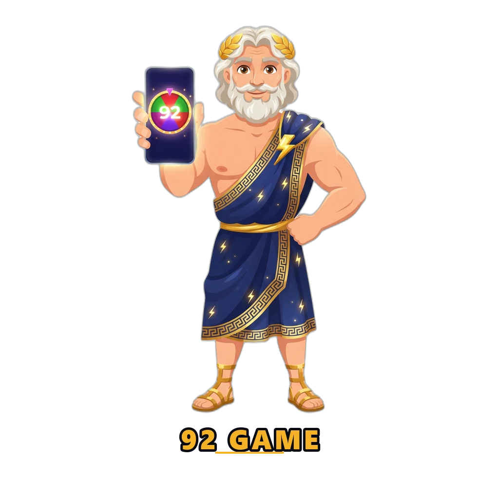 92 Game guide mascot holding a mobile phone with a colour prediction round on screen