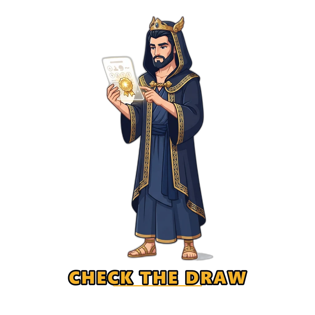 Mascot inspecting a result verification seal on a lottery round