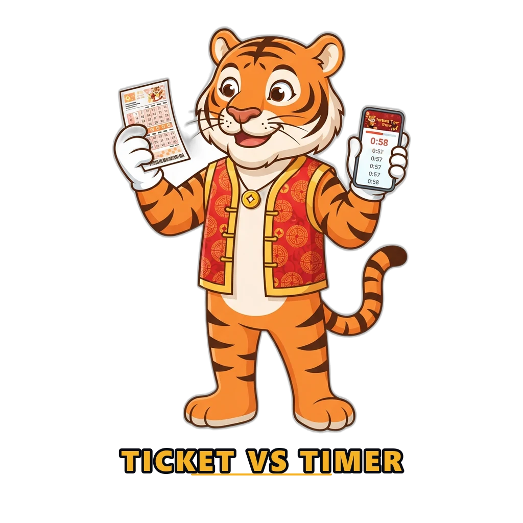 Mascot comparing a paper lottery ticket with a continuous draw game on a phone