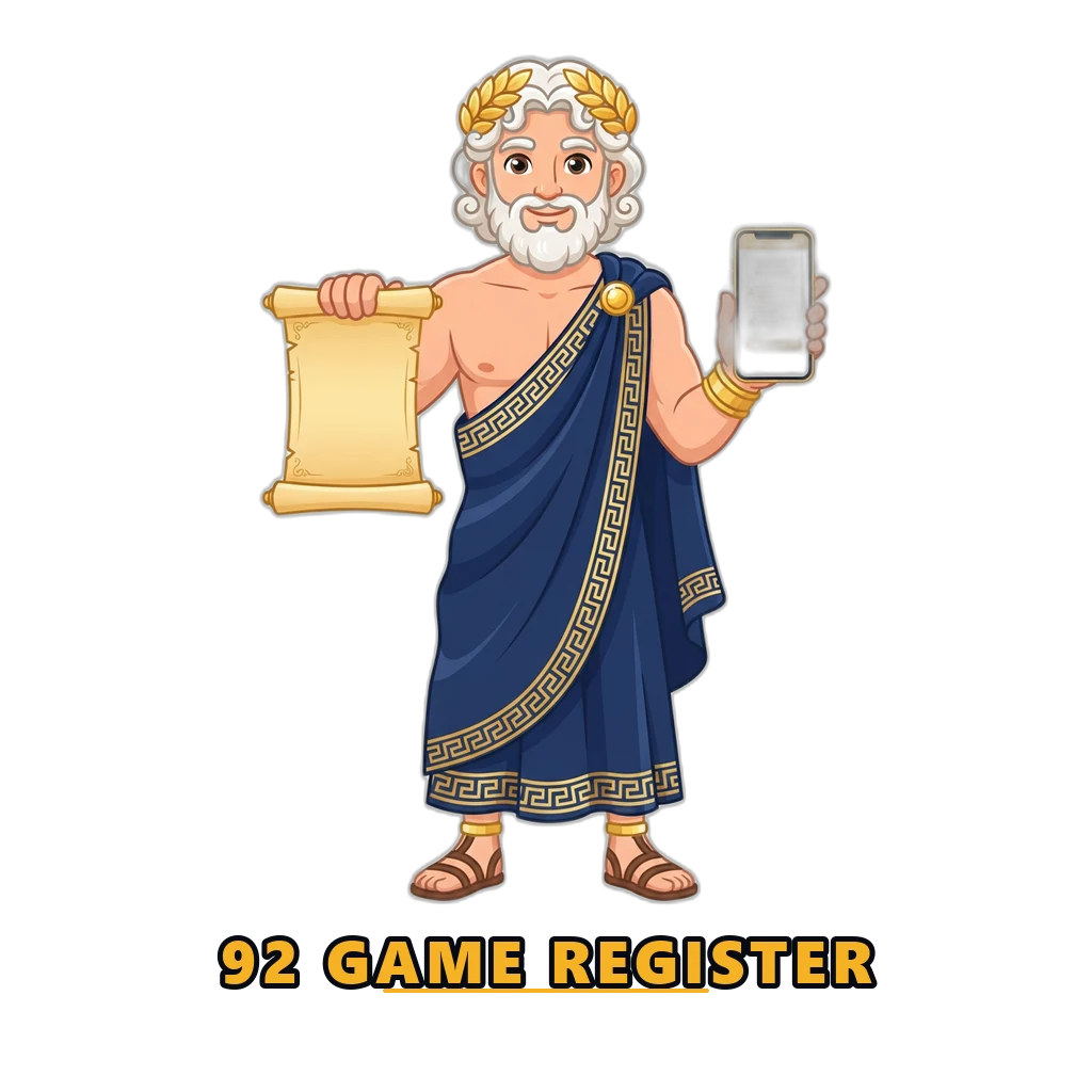 Mascot with a registration scroll illustrating the 92 Game sign-up guide