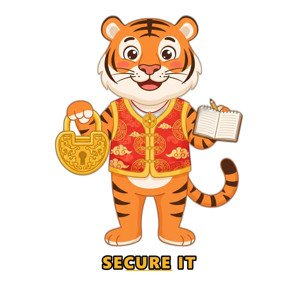 Mascot with a padlock and notebook showing what to record after registering