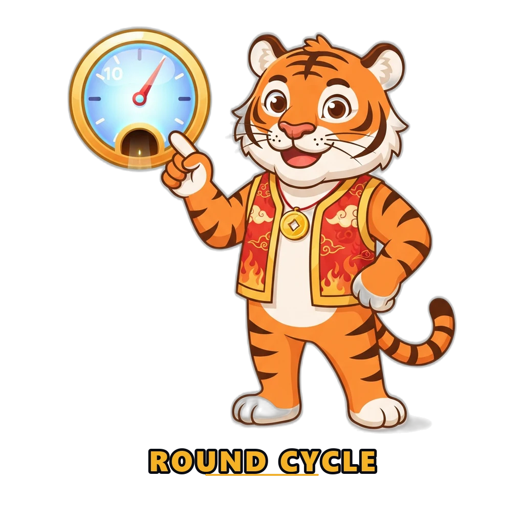 Mascot explaining the lottery round cycle from betting open to result