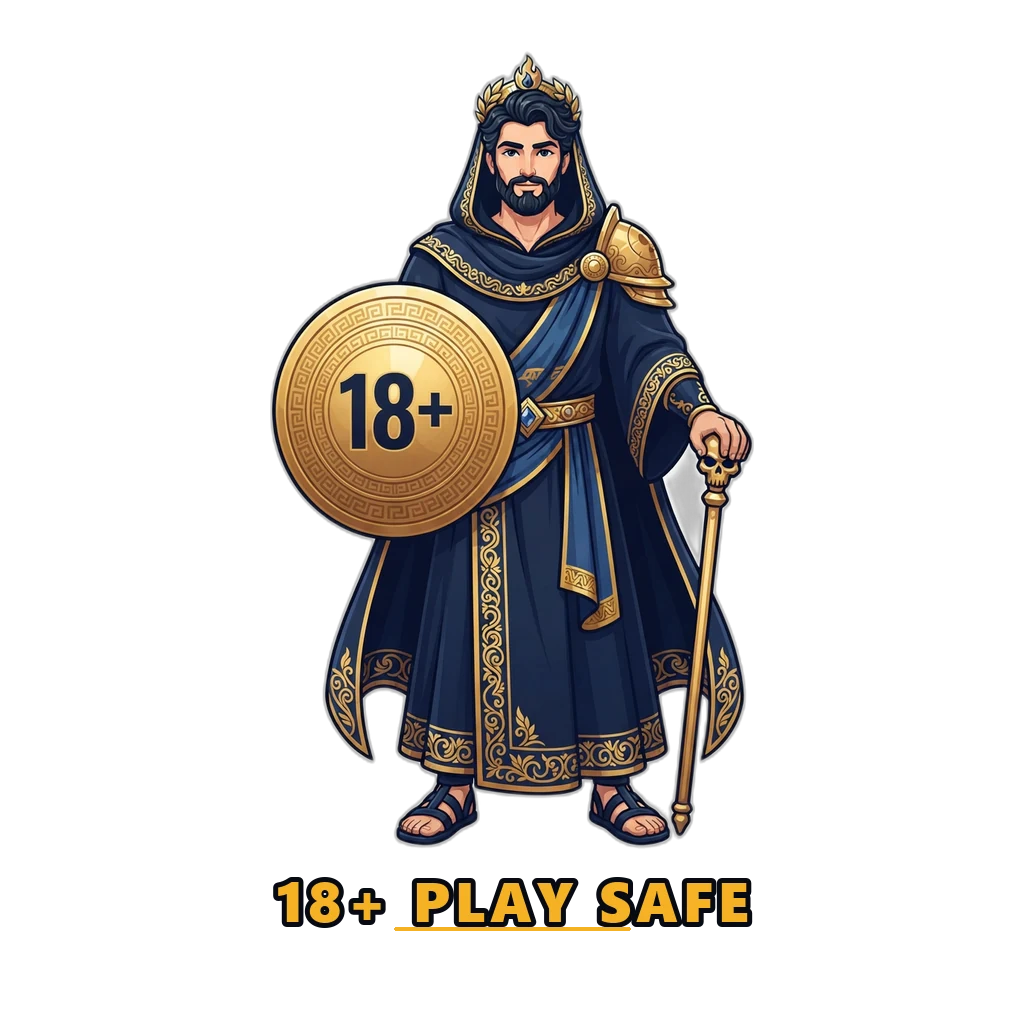 Casino mascot holding an 18 plus shield next to 92 Game safety advice