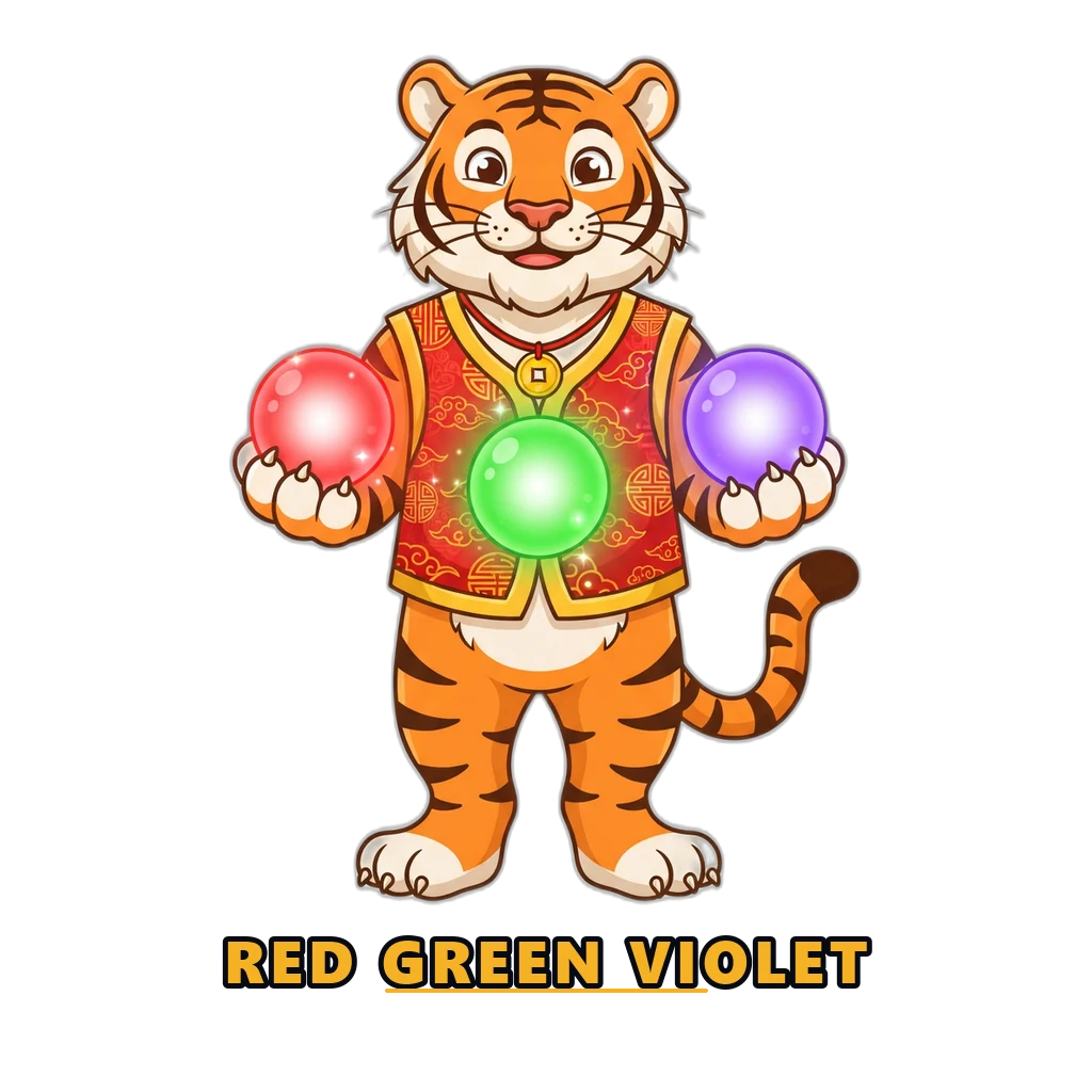 Mascot holding red, green and violet orbs explaining Wingo colour prediction rules