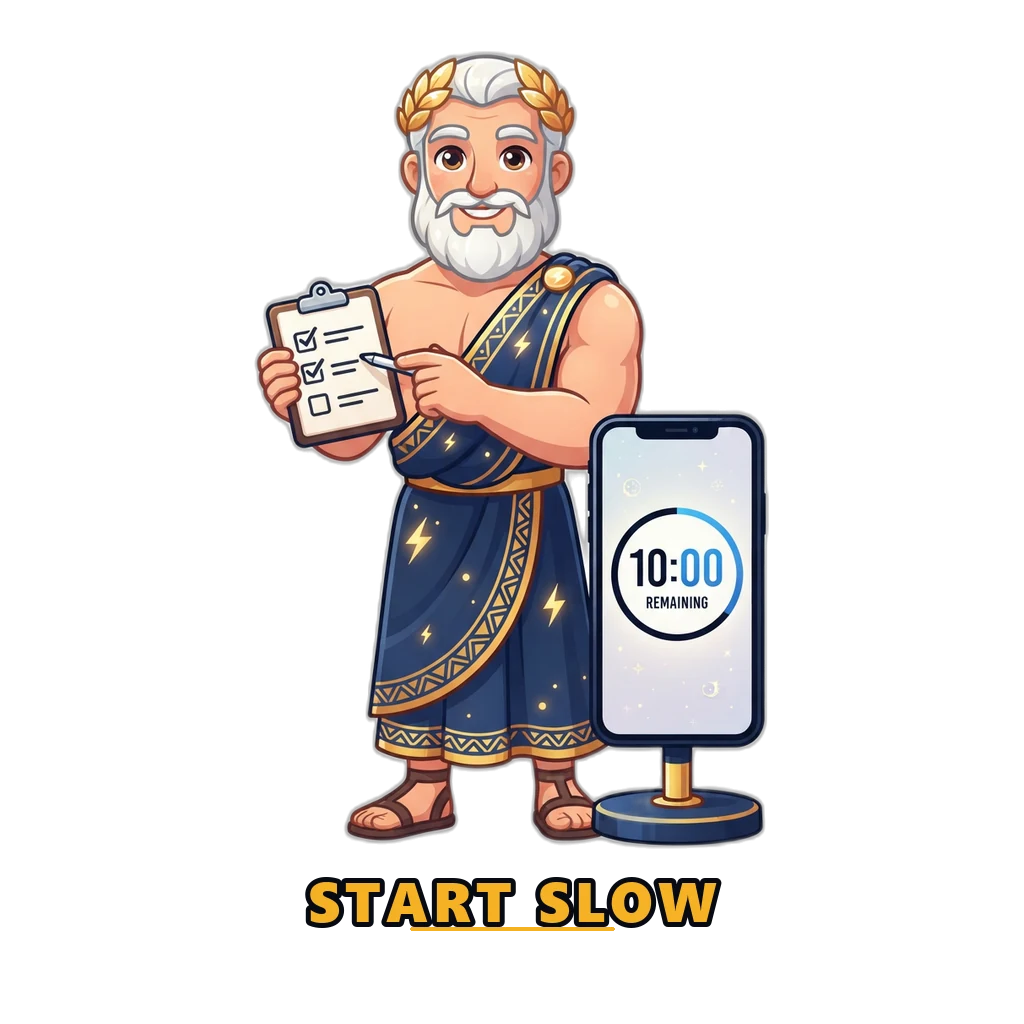 Mascot with a checklist showing a sensible first Wingo game session