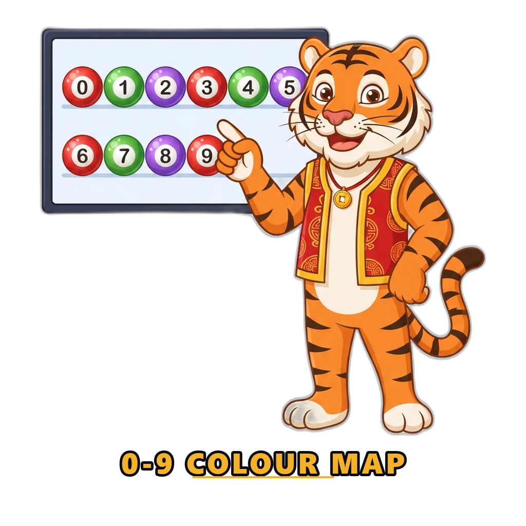 Mascot presenting the Wingo game number and colour map from 0 to 9