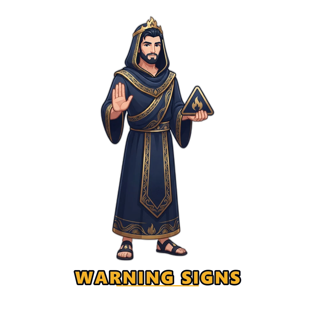 Problem gambling ke warning signs — hades mascot rukne ka ishara karte hue