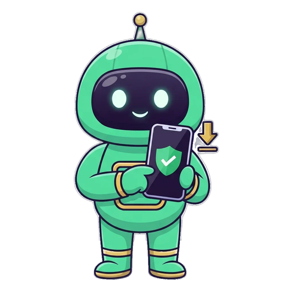 APK Mods mascot checking an APK file signature on a phone