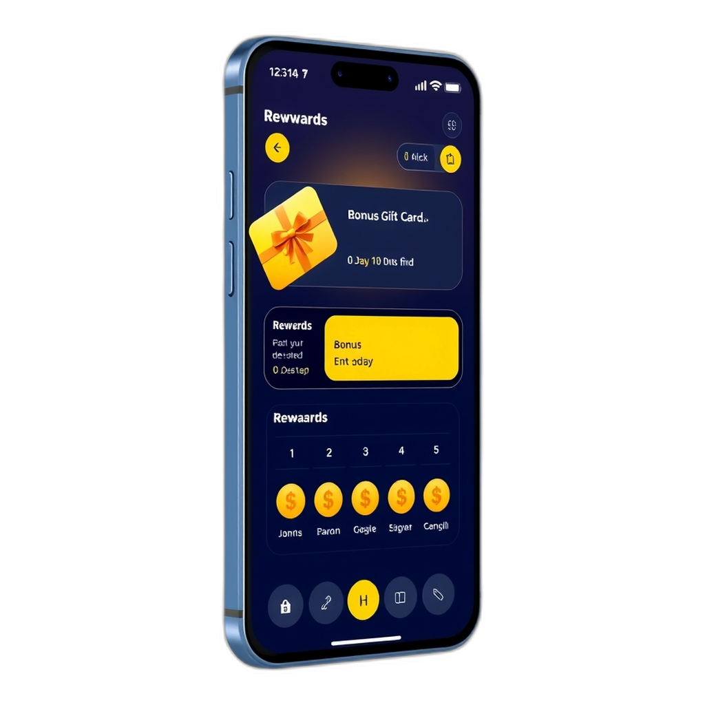 Phone screen showing a rewards menu with a welcome bonus card, a Rummy 51 bonus tile and a daily check-in calendar in a dark, gold-accented casino theme.