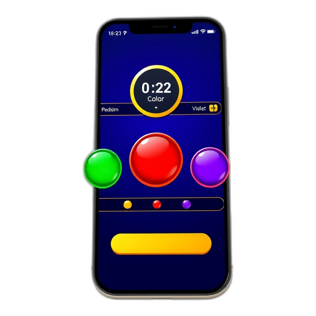 Phone screen showing the Green / Red / Violet buttons, a countdown timer and a recent-results strip in a dark, gold-accented casino theme.