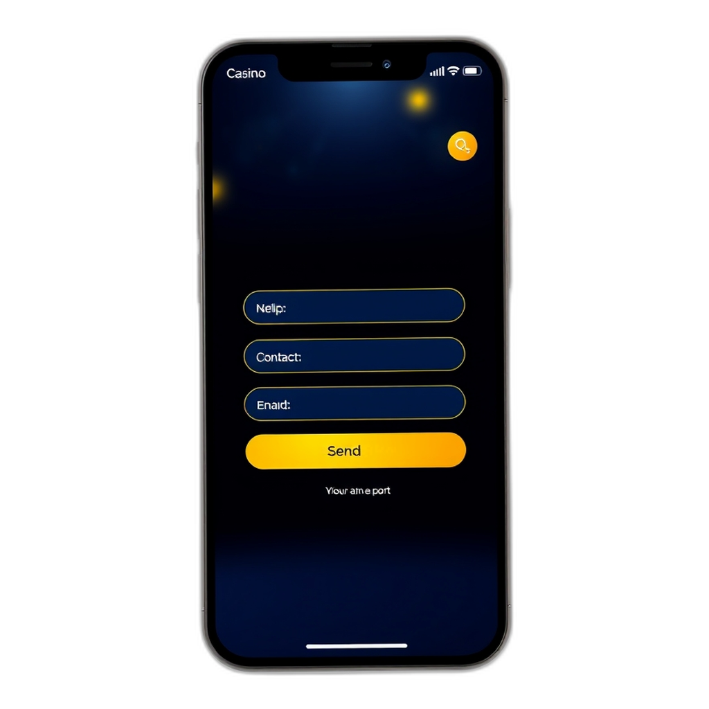 Friendly phone screen showing a contact form with name, email and message fields, a gold Send button and a small support email label in a dark, gold-accented theme.