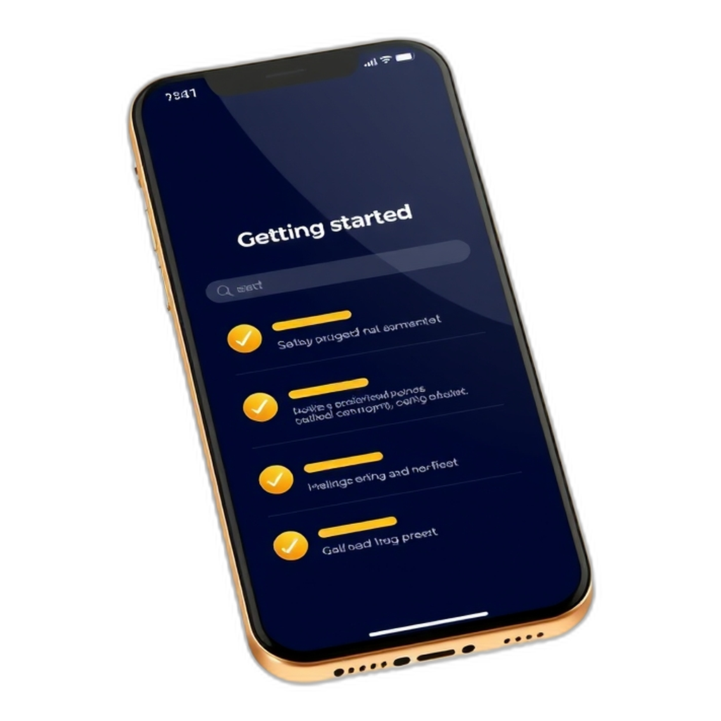 Phone screen showing a tick-box getting-started checklist (age 18+, mobile number, UPI, budget) in a dark, gold-accented casino theme.