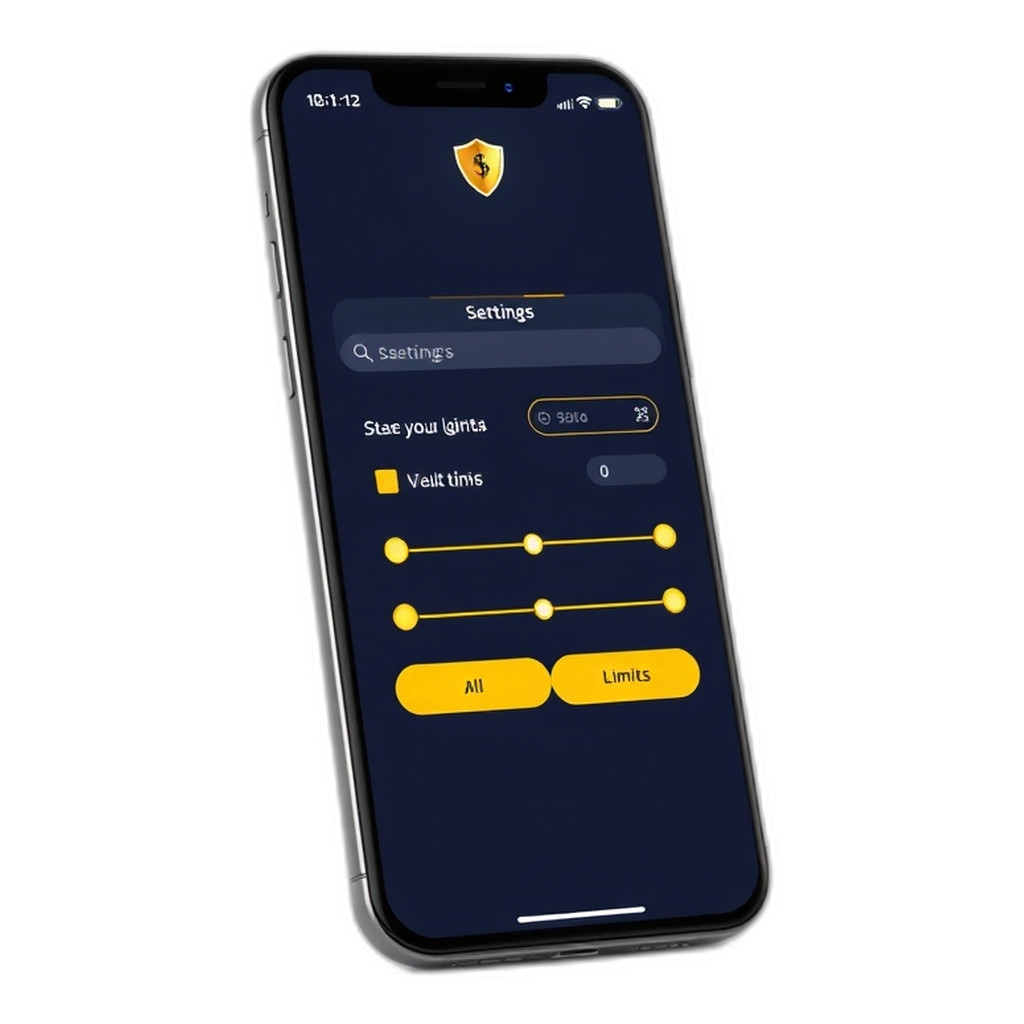 Phone settings screen showing deposit limit, time limit and cool-off toggles with a calm, reassuring blue-and-gold theme.
