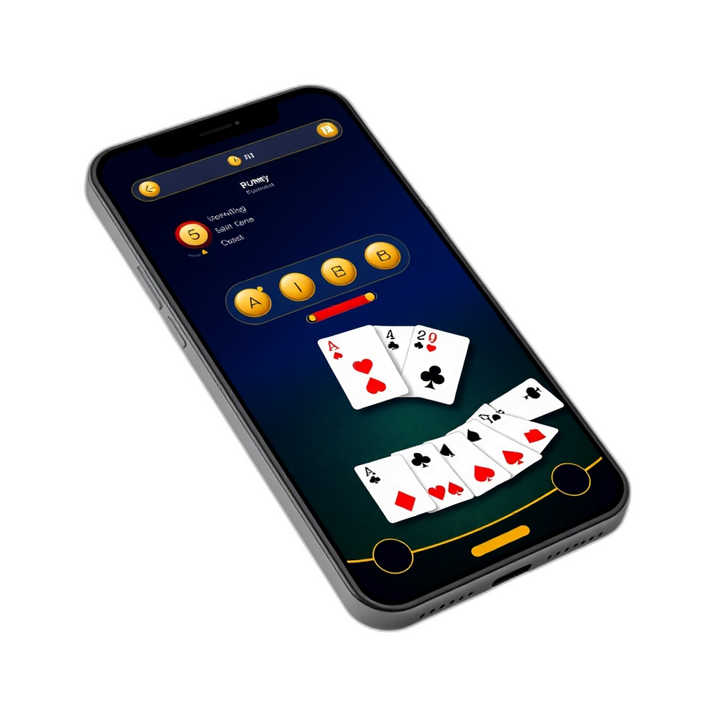 Phone screen showing a 13 card rummy hand arranged into groups, an open joker, the closed and open piles, and a green felt table with gold accents.