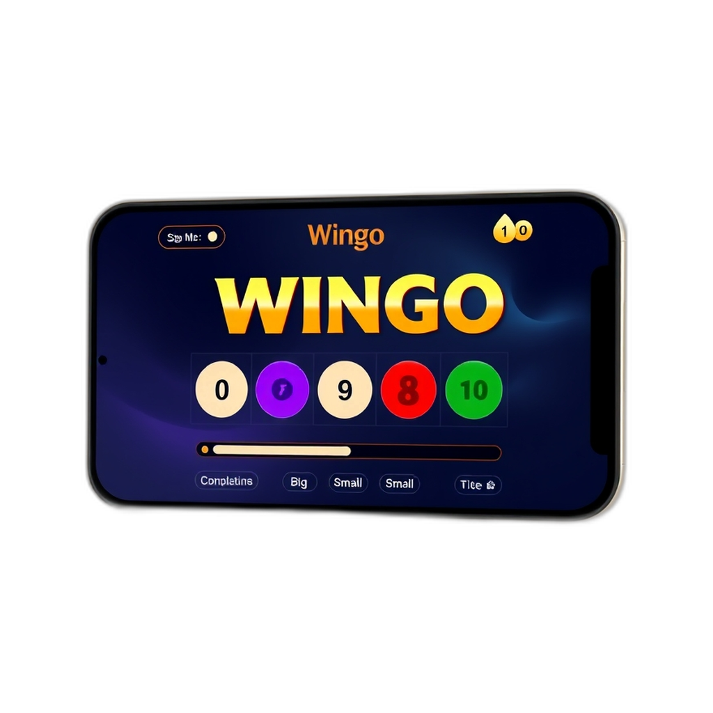 Phone screen showing the Wingo board with number buttons 0-9, Green / Red / Violet color buttons, Big and Small bars, a countdown timer and a recent-results strip in a dark, gold-accented casino theme.