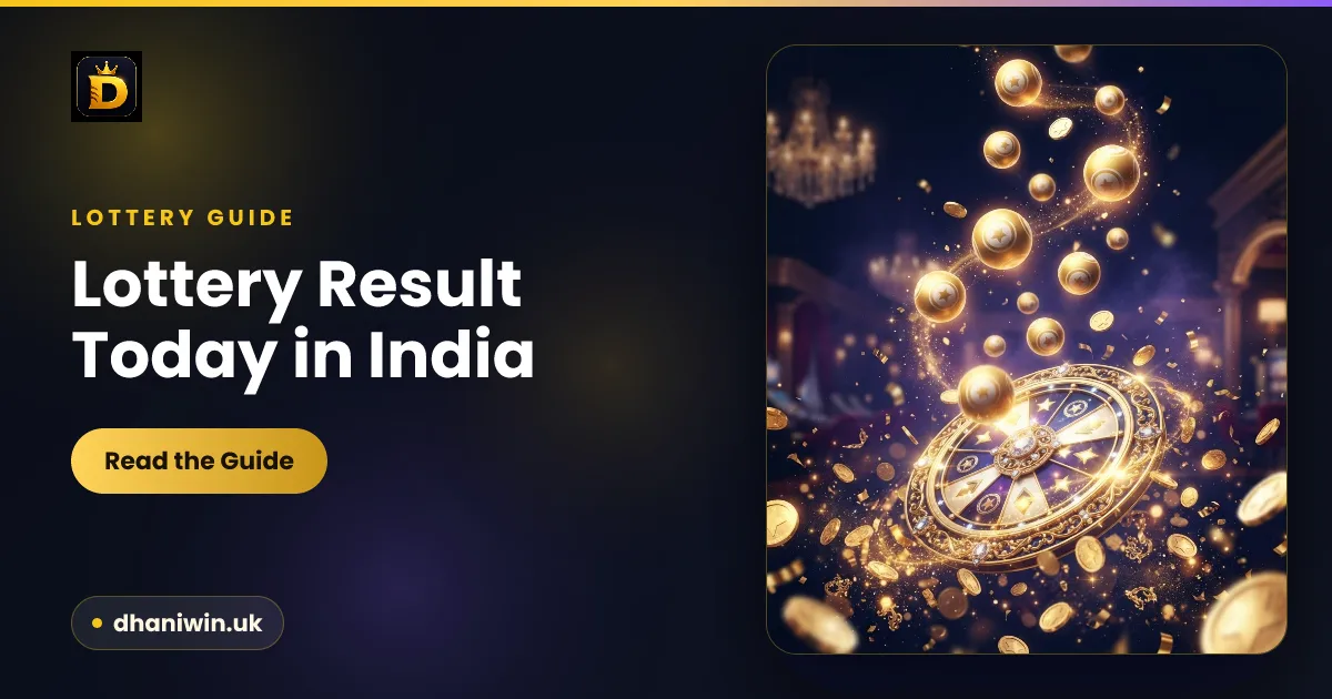 Dhani Win lottery result today guide card — dark gold-accented banner about checking Kerala and Nagaland state lottery results and playing the every-minute Wingo lottery. No real winning numbers shown.