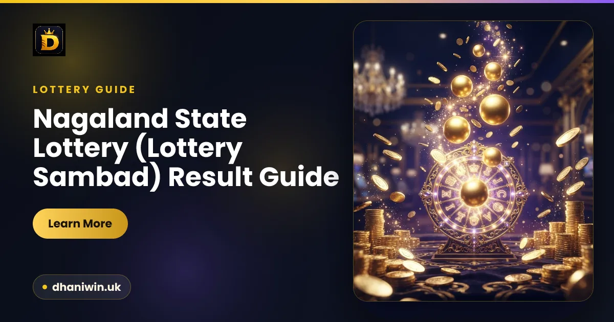 Nagaland State Lottery Sambad result guide card — dark gold-accented Dhani Win banner highlighting the three daily draws (morning, day and evening) and how to check the official result. No real winning numbers shown.
