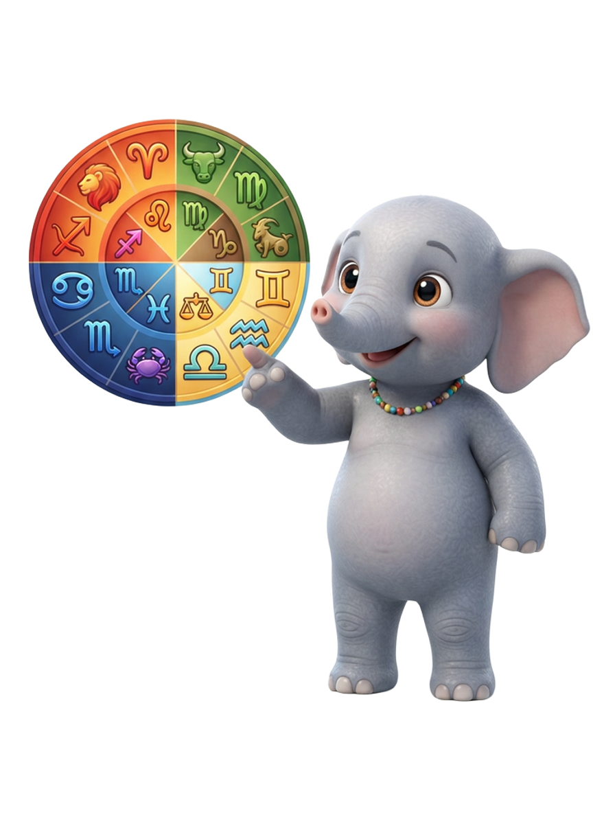 Mascot showing lucky numbers for the twelve zodiac signs by element