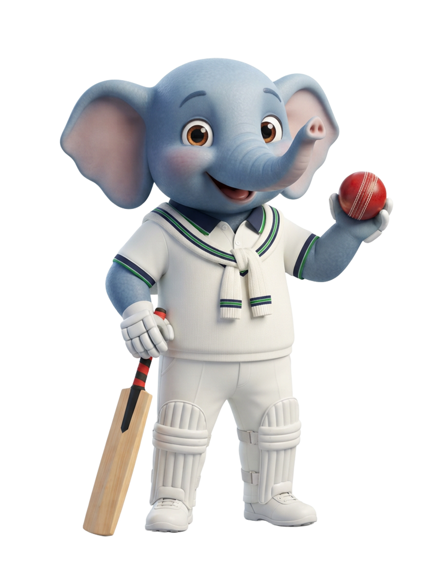 Mascot representing a batting and bowling allrounder with a stat panel