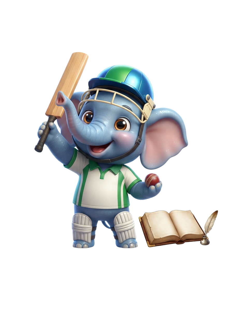 Cricket fan guide mascot verifying a batting stats panel on a scoreboard